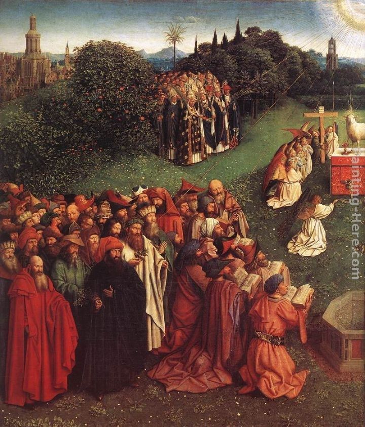 Jan van Eyck The Ghent Altarpiece Adoration of the Lamb [detail left]